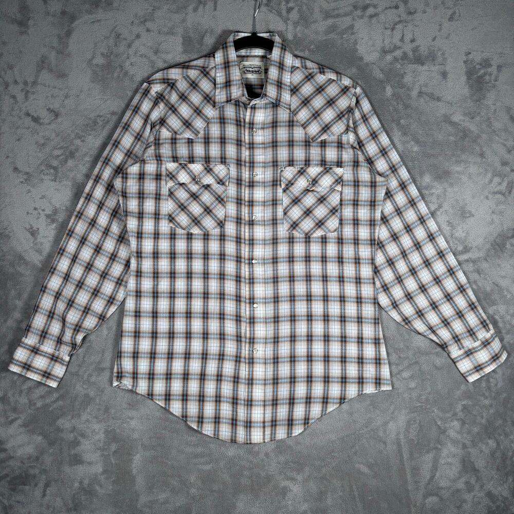 Vintage Levi’s Western Pearl Snap Plaid Shirt Mens M Cowboy Ranch Brown Blue